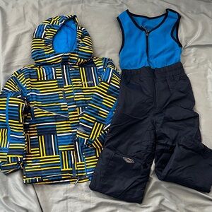 Columbia Blue and Yellow Striped Snow Jacket & Ski Bib Size XS (6/7)